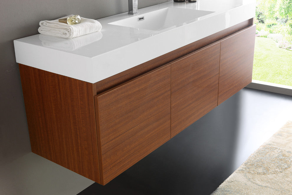 Mezzo 60" Teak Wall Hung Single Sink Modern Bathroom Vanity, FFT3111CH