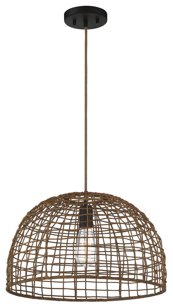 1-Light Pendant, Black With Natural Brass Accents, Dark Rattan