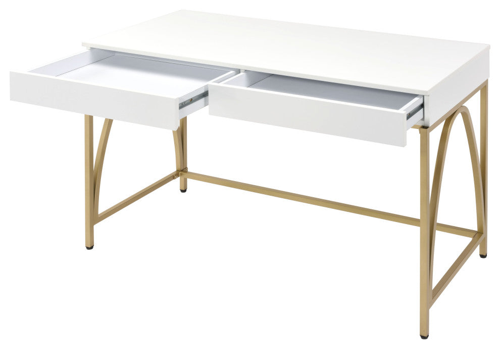 Benzara BM211100 Wooden Frame Desk With 2 Drawers and Metal Legs, White and Gold