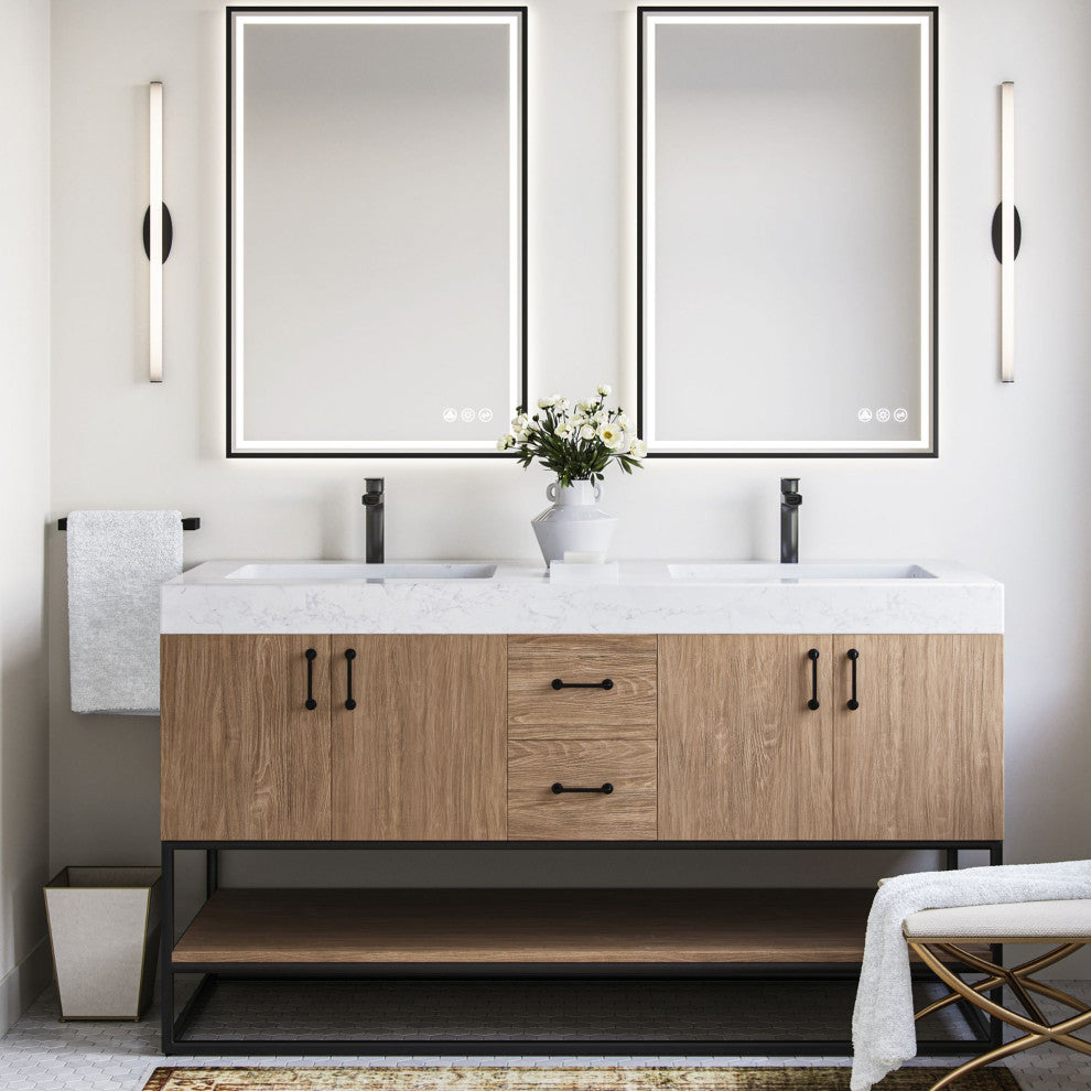 Bahia Bath Vanity, Oak, 60", Matte Black Hardware, Double, Freestanding