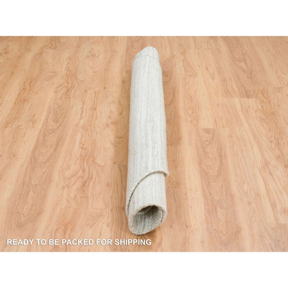 Ivory, Hand Loomed, Undyed Natural Wool Modern Design Round Rug, 6'1"x6'1"