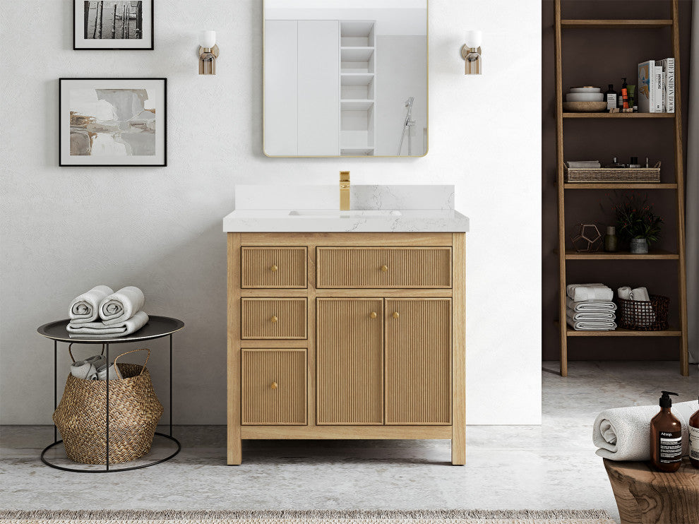 Sonoma 36 Center Sink Bath Vanity in Light Natural Teak with 2" Empira Quartz