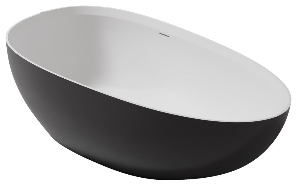 Solid Surface Freestanding Soaking Bathtub, Drain, White/black