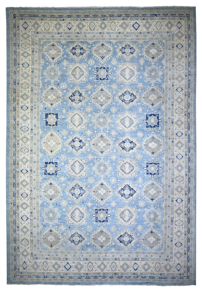 Beau Blue Vintage Look Kazak Hand Knotted Wool Oversized Rug 12'1"x17'4"