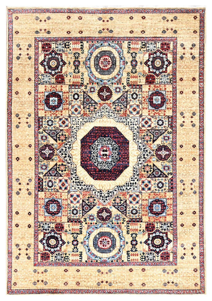 White, Mamluk Design, 100% Wool, Hand Knotted, Oriental Rug, 4'9"x7'1"