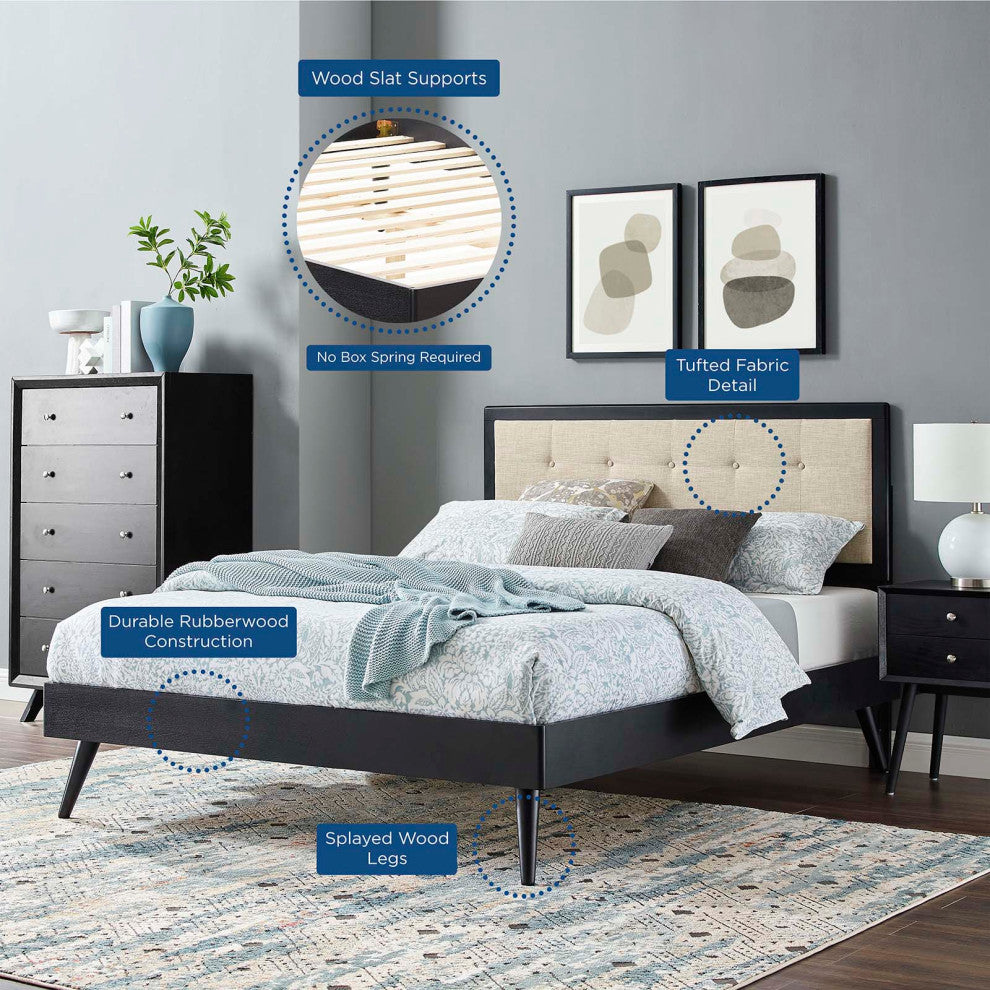 Platform Bed Frame, King Size, Wood, Black Beige, Modern Mid-Century, Bedroom