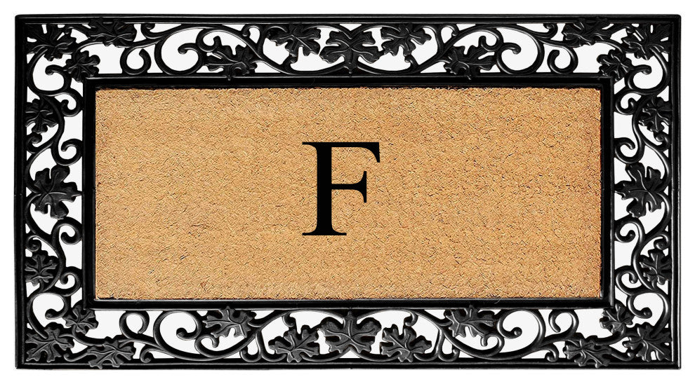 A1HC Floral Border Black 18x30 Rubber and Coir Heavy Duty Monogrammed Doormat, F