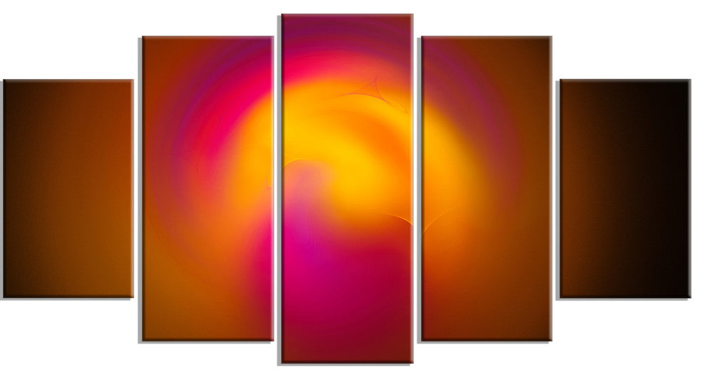 Yellow Pink Misty Sphere on Black, Abstract Canvas Art Print, 60"x32", 5 Panels