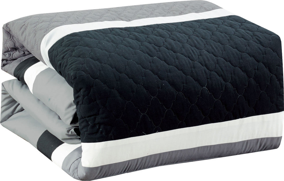 7p Pinsonic Quilted Trellis Striped Pleated Comforter Set, Gray, Cal King