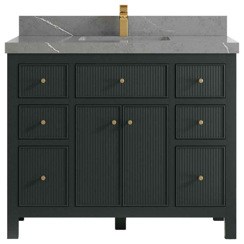 Sonoma 42 Single Sink Reeded Bath Vanity in Dark Forest Green 2" Piatra Gray