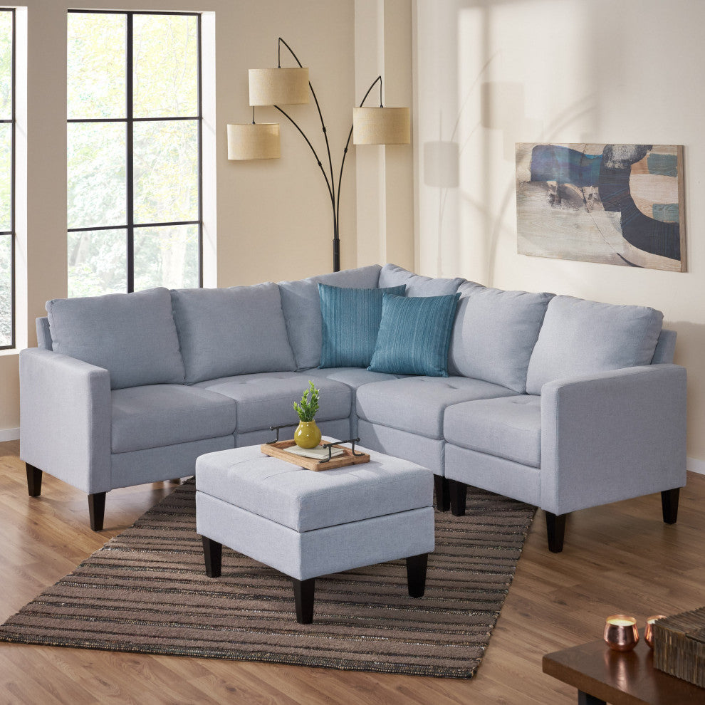 GDF Studio Carolina Fabric Sectional Couch With Storage Ottoman, Light Gray