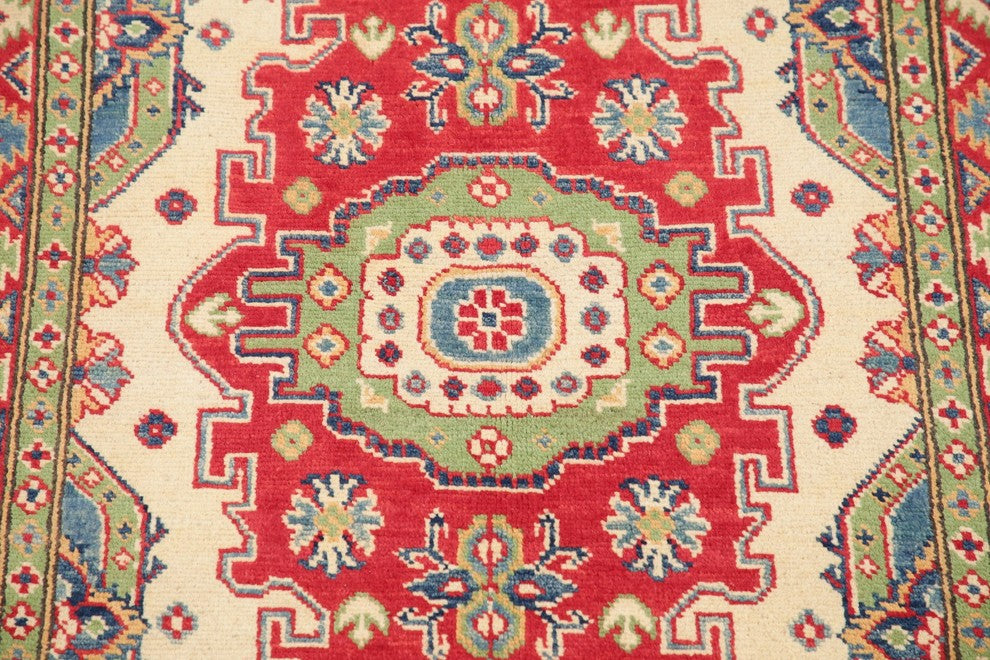 Traditional Hand-Knotted Pakistani Kazak Oriental Area Rug, Beige, 5'1"X3'3"