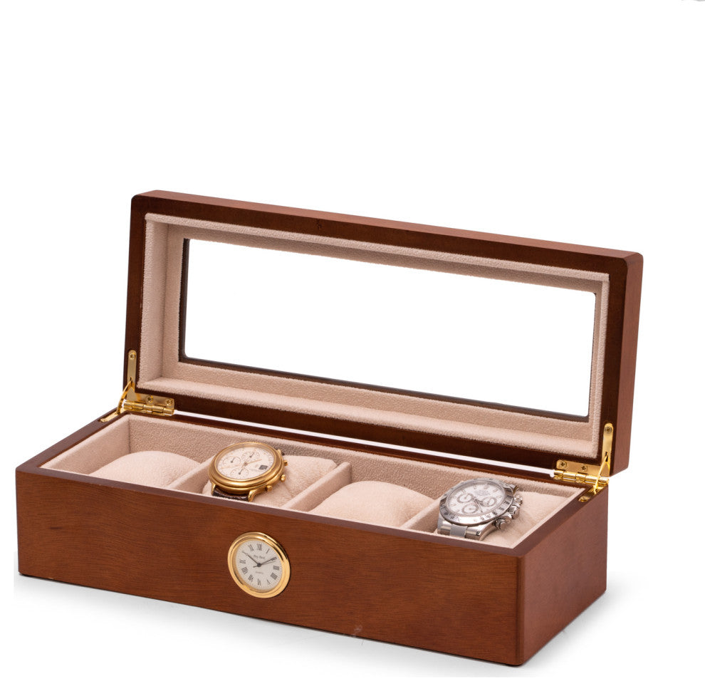 Cherry Wood 4 Watch Box, Quartz Movement Clock