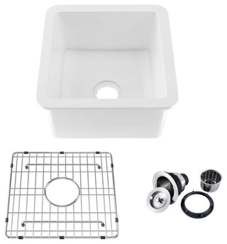 18" White Fireclay Farmhouse Undermount Kitchen Sink With Bottom Grid and Strain
