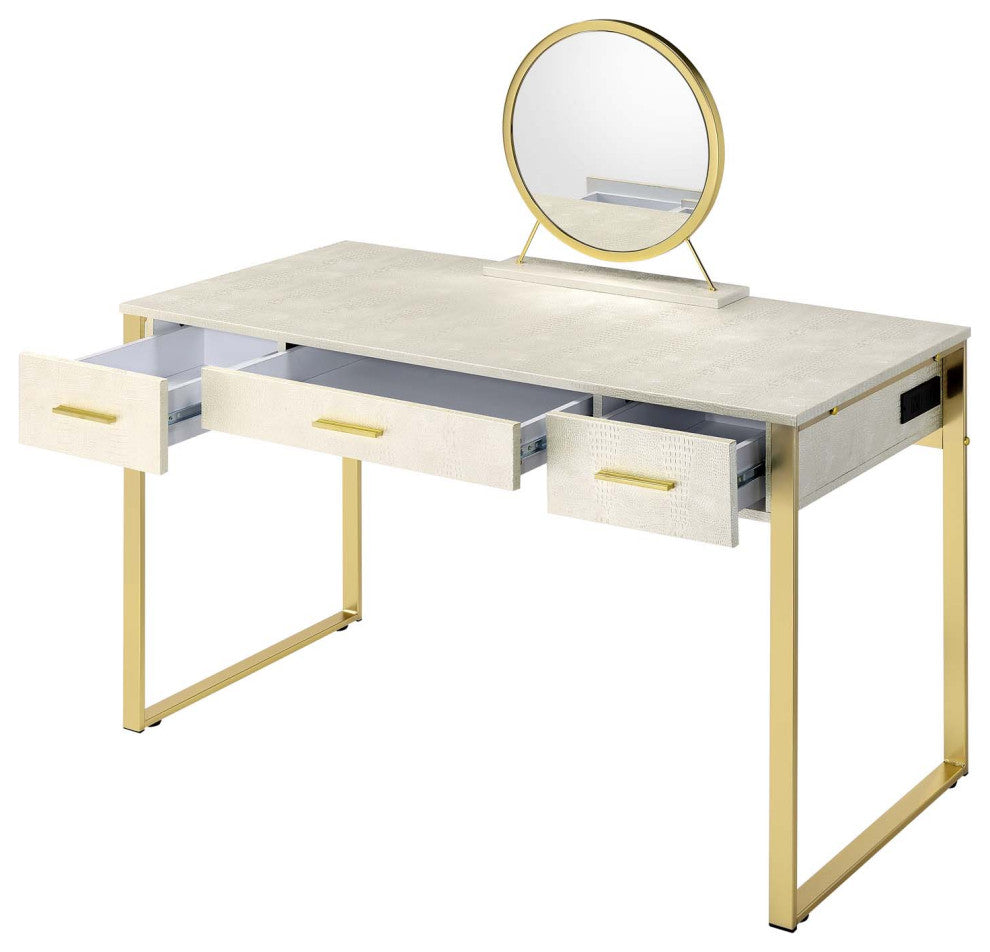 3 Drawers Vanity Desk With Mirror, Antique White and Champagne