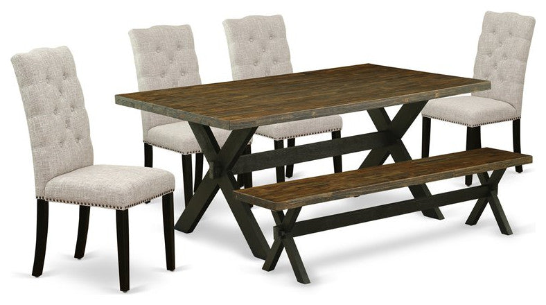 6-Piece Set, Doeskin Linen Fabric Seat Chairs, Bench and Table