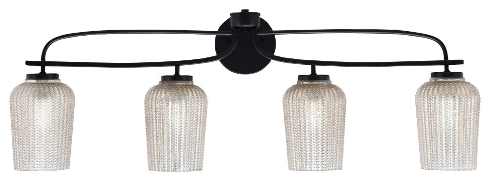 Cavella 4 Light Bath Bar, Matte Black Finish, 5" Silver Textured Glass