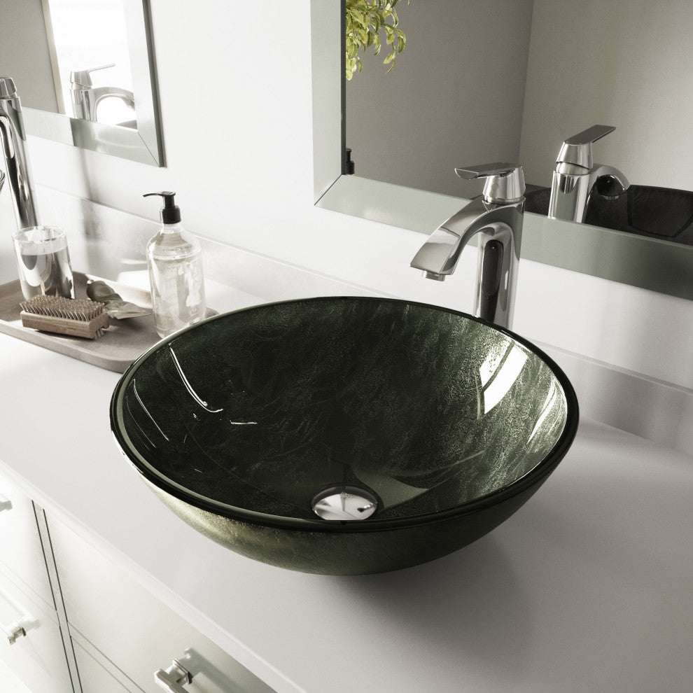 Giovanni 17"L x 17"W Glass Vessel Sink and Linus 12"H Faucet Set