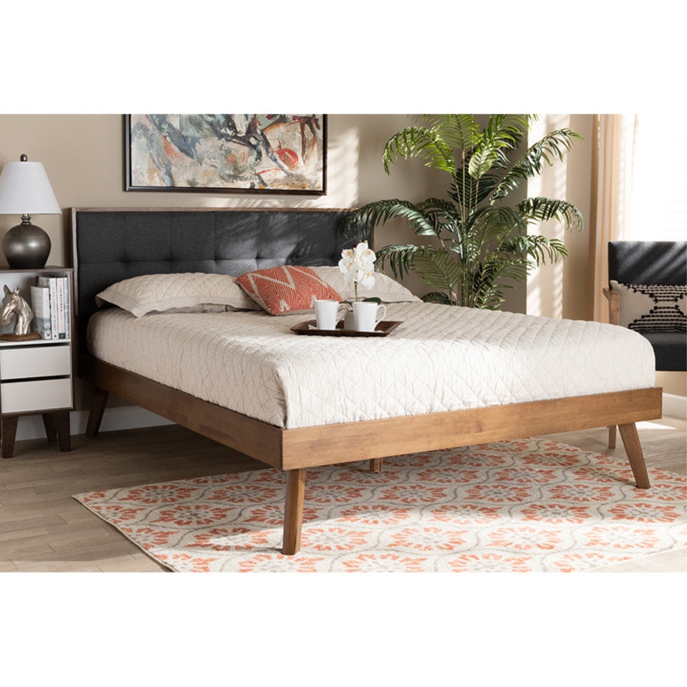 Gray Fabric Upholstered Walnut Brown Finished Wood King Size Platform Bed