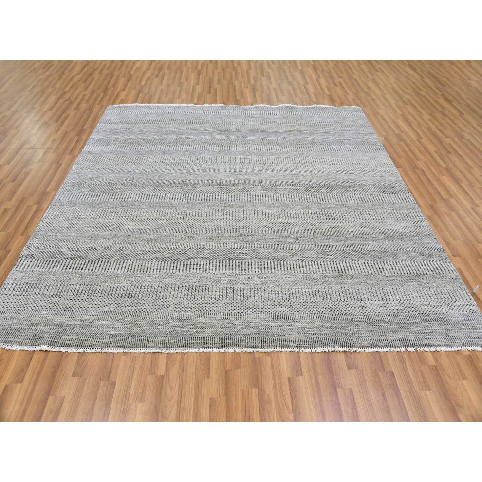 Silver Gray Grass Design Undyed 100% Wool Hand Knotted Square Rug, 7'11"x8'1"