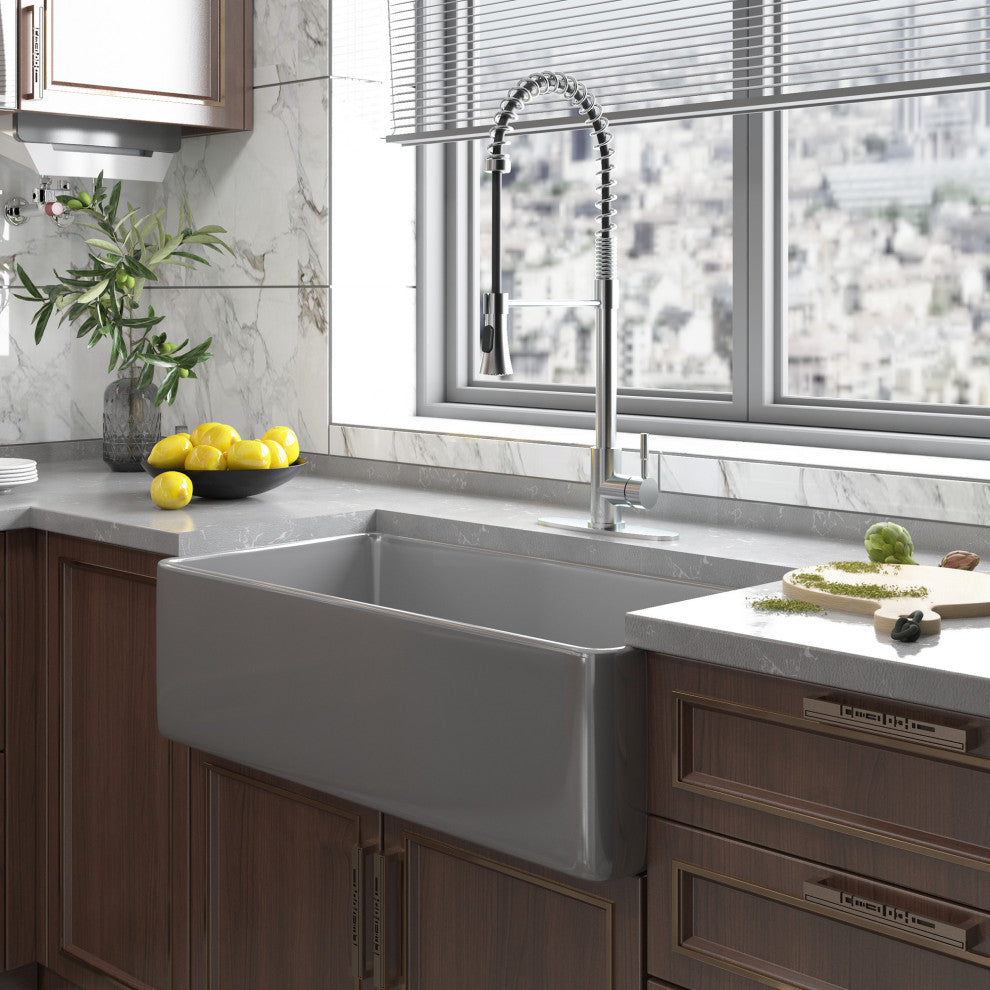 30in Single Bowl Farmhouse Apron Kitchen Sink with Bottom Grid and Strainers, 33