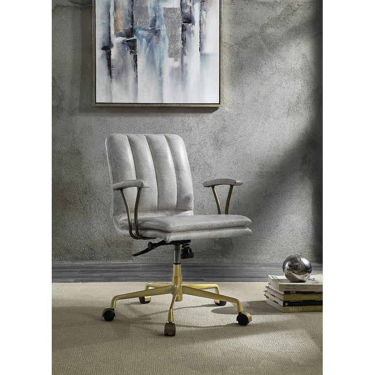 Classic Office Chair, Gold Metal Legs With Cushioned Leather Seat, Vintage White