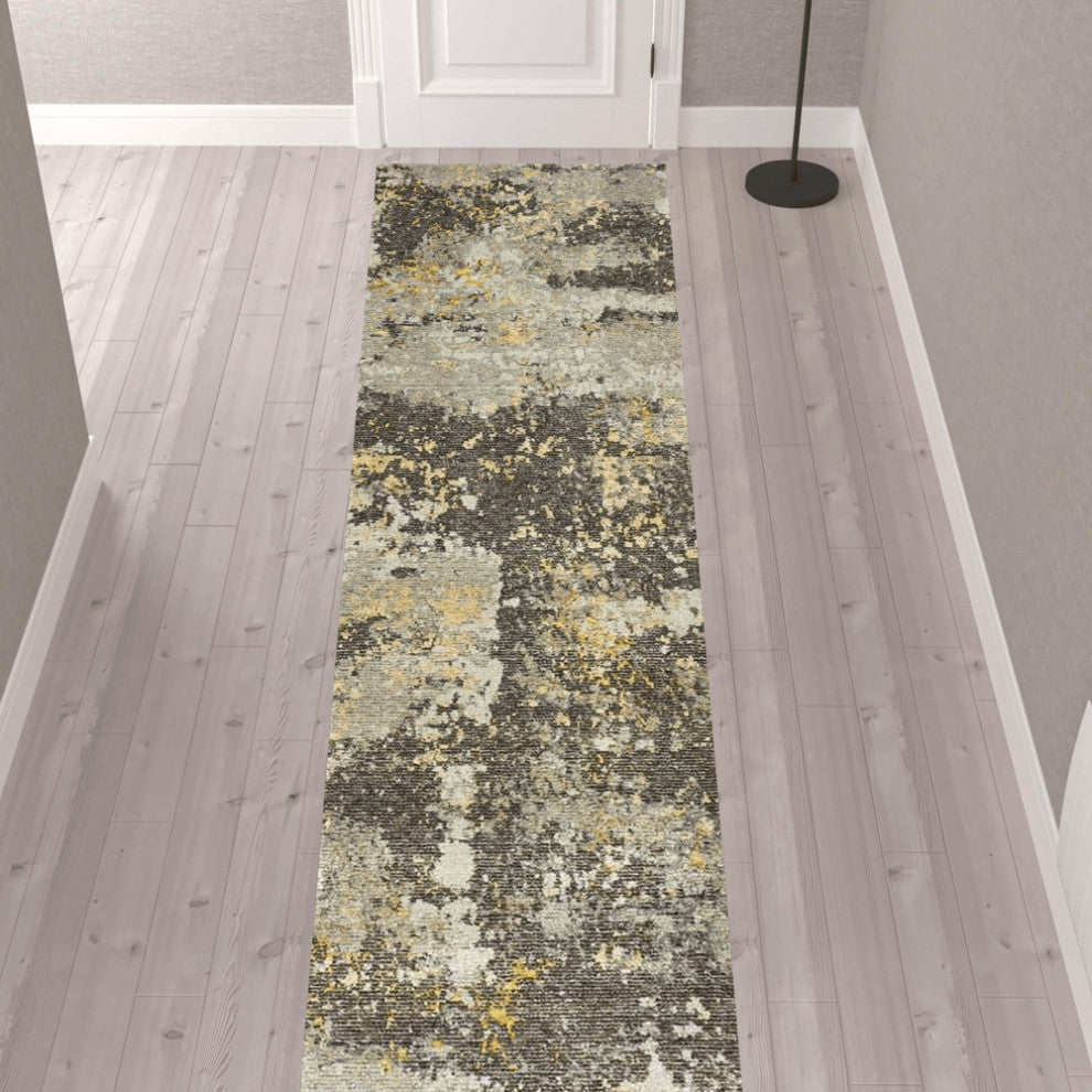 12' Runner Grey and Gold Abstract Power Loom Runner Rug