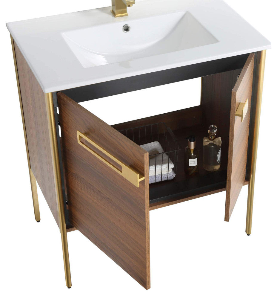 Oakville Bath Vanity, Ceramic Sink, Walnut Ebony, 30 Inch, Satin Brass Hardware