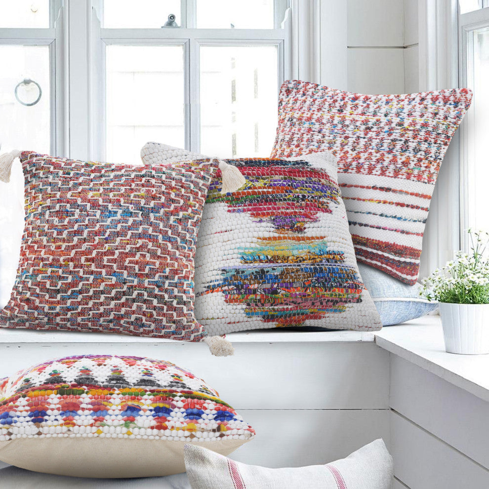 Ox Bay Handwoven White/Multi Geometric Organic Cotton Pillow Cover, 20"x20"