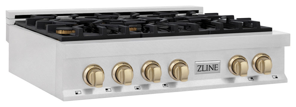 ZLINE 36" Rangetop, DuraSnow Stainless Steel With Gold Accents, RTSZ-36-G