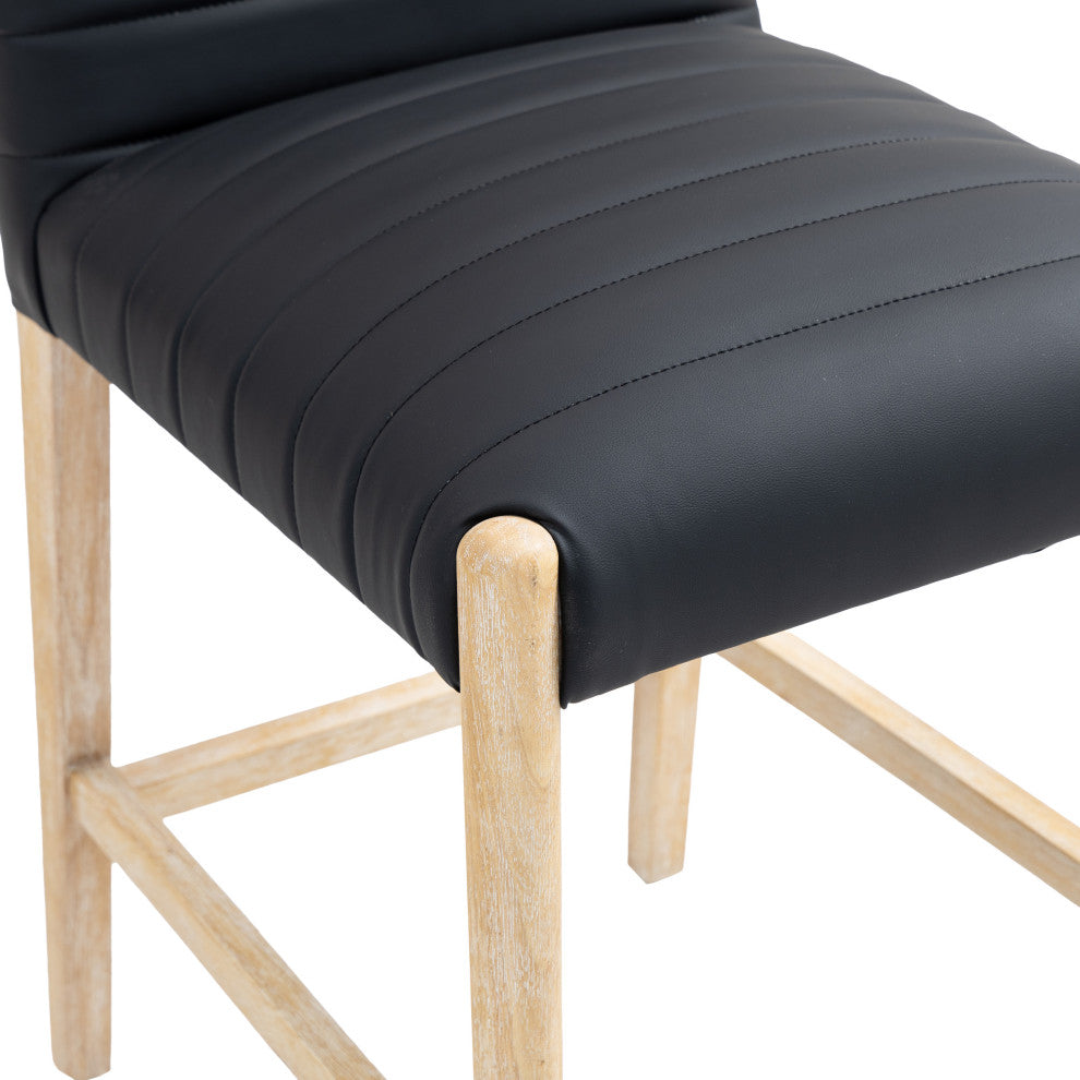 Aimee Upholstered Counter Stool, Black, Vegan Leather, Natural Oak Finish