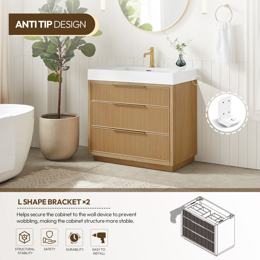 Hohhot Bath Vanity, Stone Sink Top No Mirror, Washed Ash Gray, 36", Single Vanity