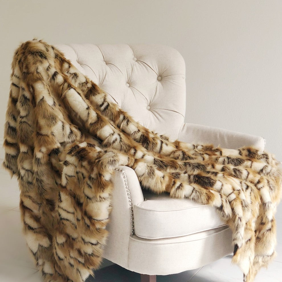 Plutus Brandy Gold and White Faux Fox Handmade Luxury Throw