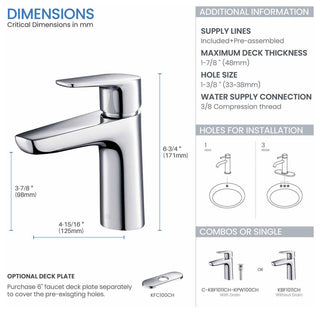 Harmony Brass Single Handle Bathroom Faucet KBF1011, Chrome, With Drain