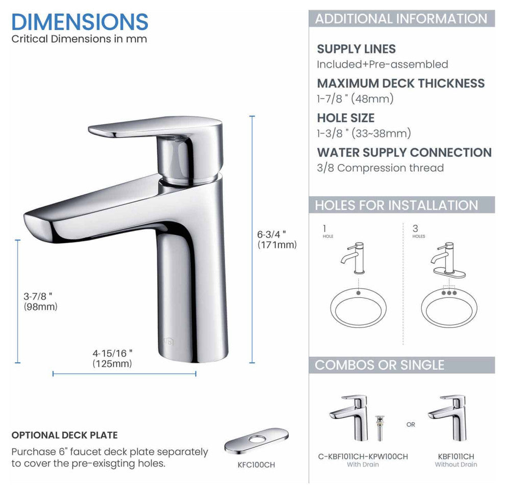Harmony Brass Single Handle Bathroom Faucet KBF1011, Chrome, With Drain
