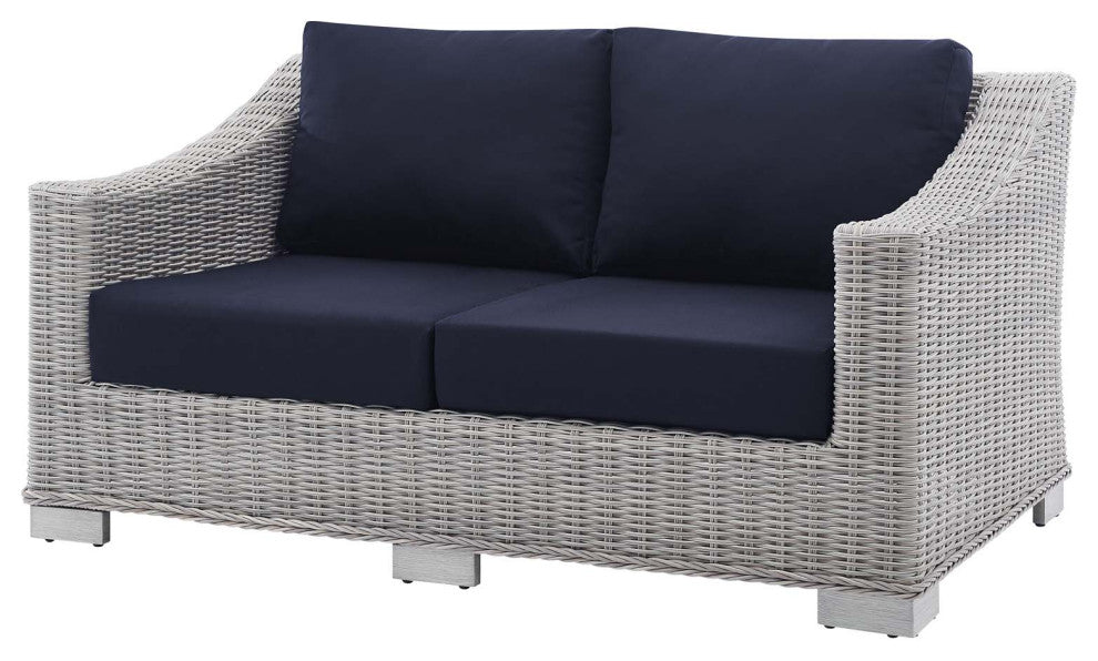 Lounge Sofa Chair Table Set, Rattan, Wicker, Gray Blue Navy, Outdoor