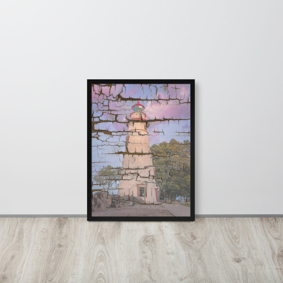 Faux Wood Texture Marblehead Lighthouse at Sunset Framed Photo Wall Art Print, Black, 18" X 24"