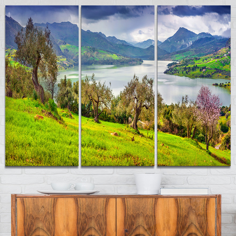 "Lake Rosamarina Panorama" Photo Canvas Art Print, 3 Panels, 36"x28"