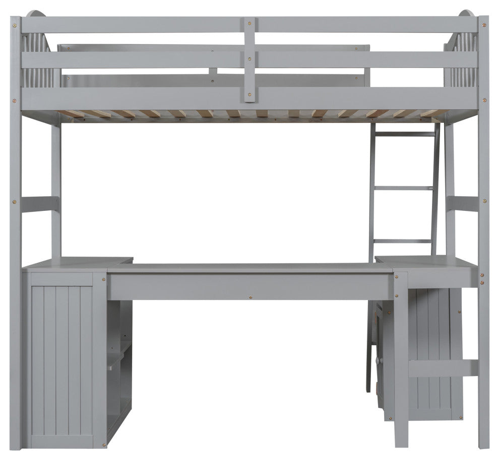 Gewnee Wood Twin Loft Bed with Drawers, Shelves and Desk in Gray
