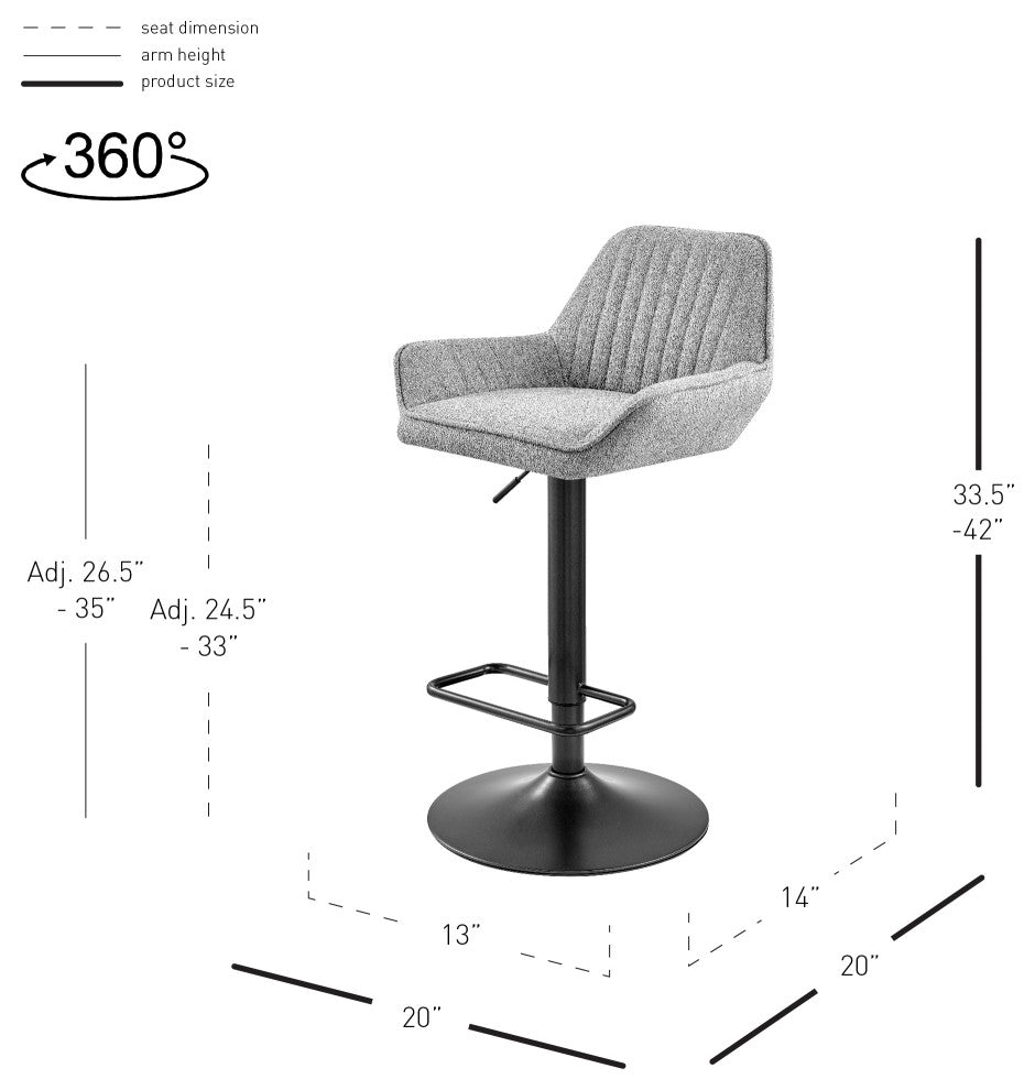 Luther Fabric Gaslift Swivel Bar Stool, Set of 2, Strata Gray