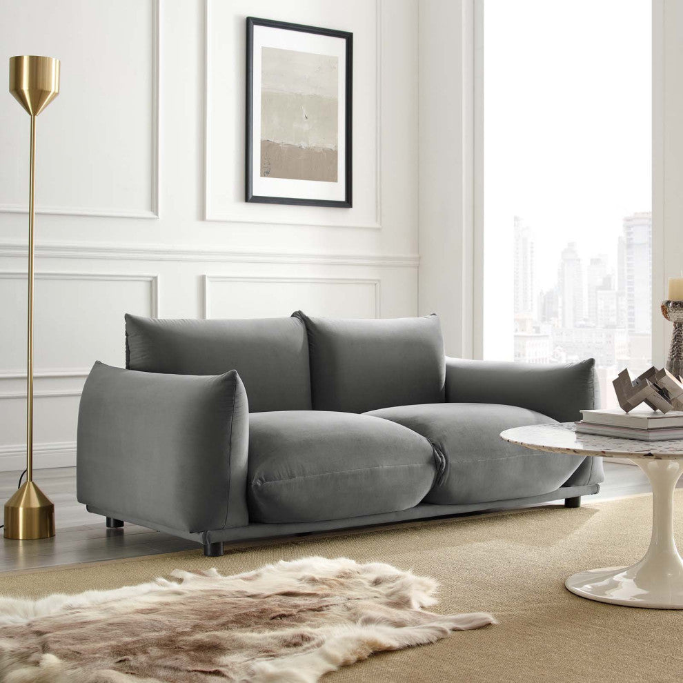 Loveseat Sofa, Velvet, Gray, Modern, Living Lounge Hotel Lobby Hospitality