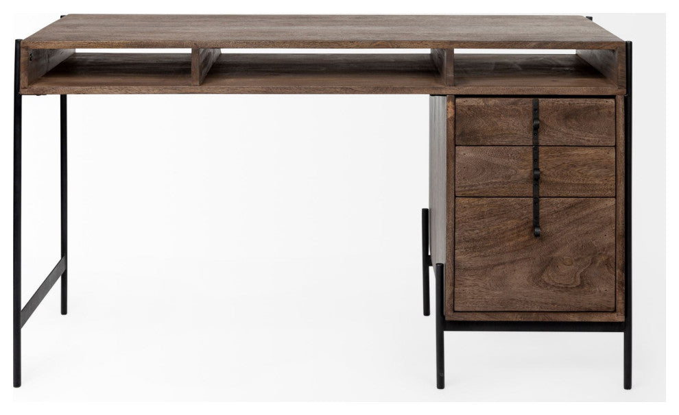 Medium Brown Wooden Writing Desk With 3 Drawers And 3 Open Shelves