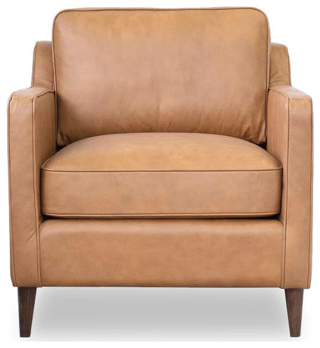 Manhattan Mid-Century Modern Cushion Back Genuine Leather Armchair, Tan