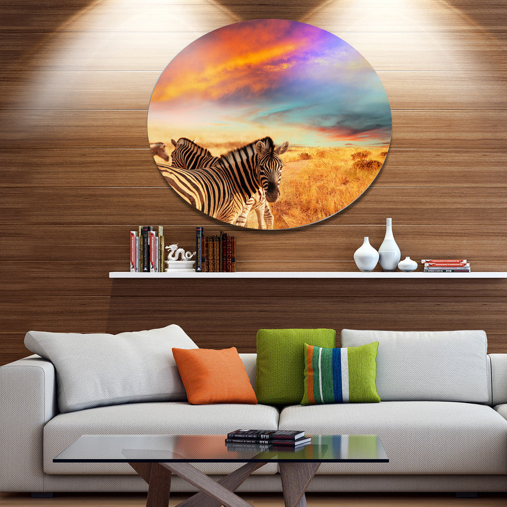 Zebras In Bush Under Colorful Sky, African Disc Metal Wall Art, 11"