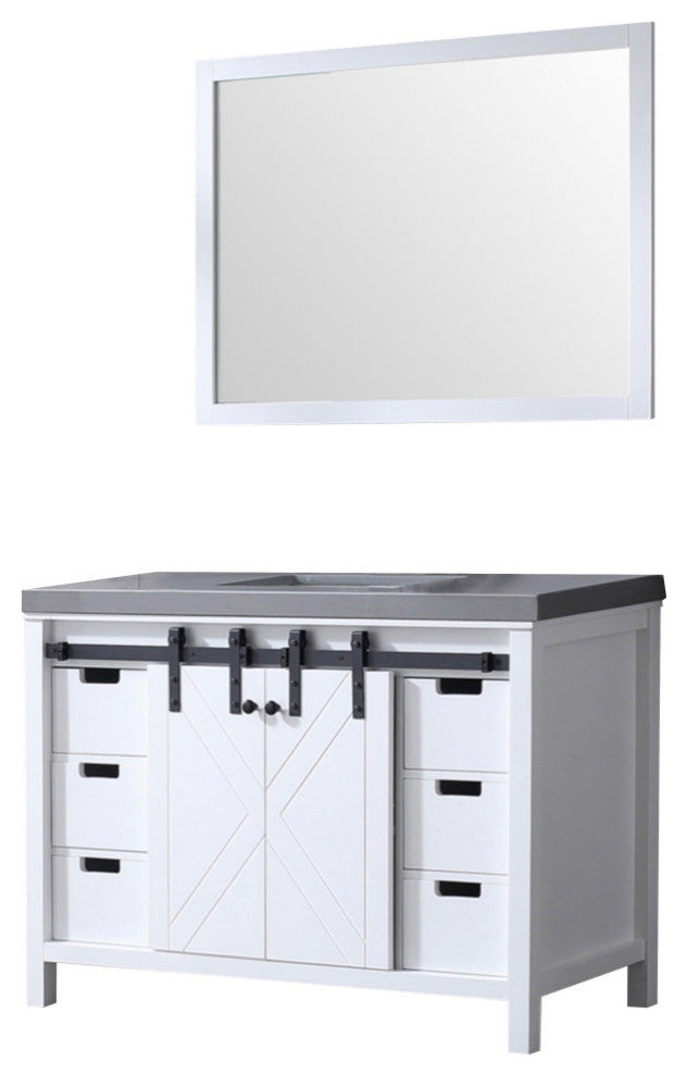 Marsyas 48" White Single Vanity, Gray Quartz Top, White Sink and 44" Mirror
