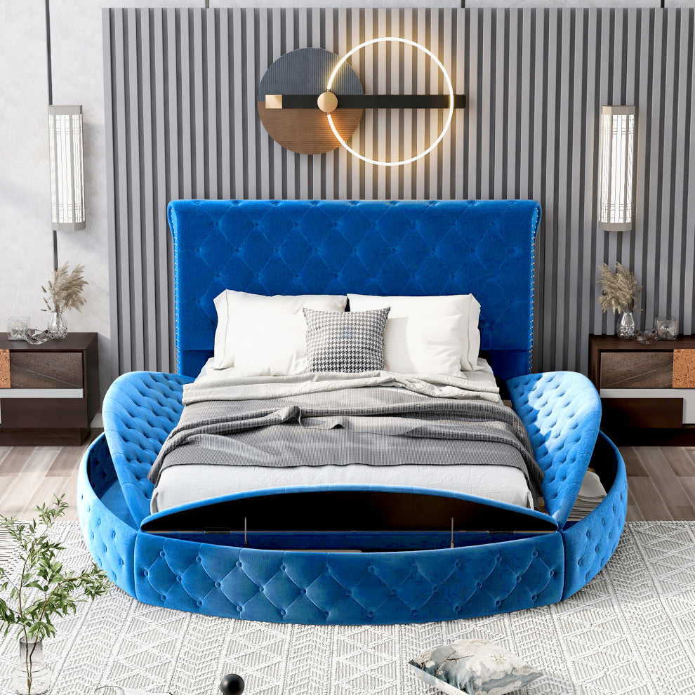 Full/Queen Upholstered Frame Platform Bed with Storage on Both Sides, Blue, Full