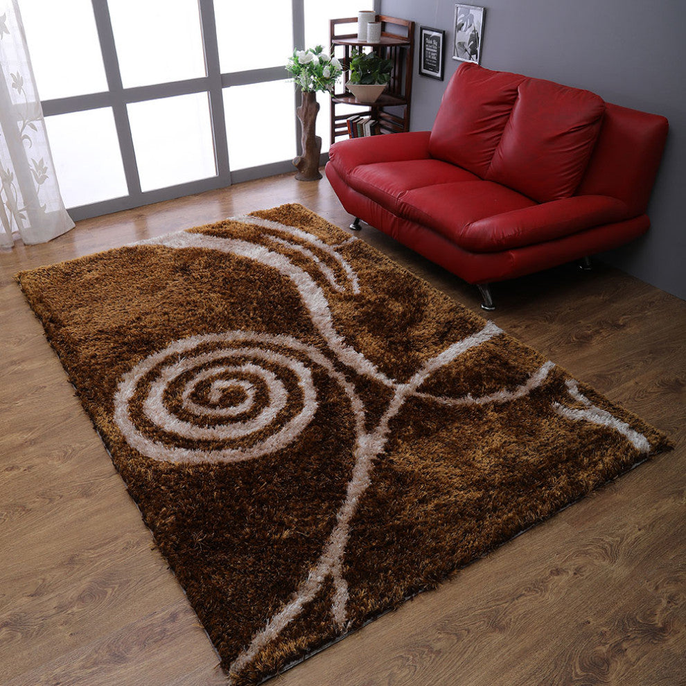 Hand Tufted Shag Polyester Area Rug Contemporary Brown Beige, [Rectangle] 8'x10'