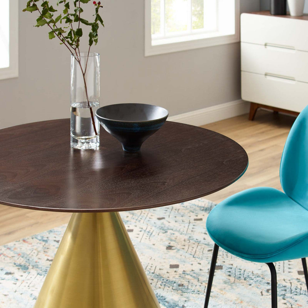 Dining Table, Round, Wood, Metal, Gold Dark Brown Brown Walnut, Modern, Bistro