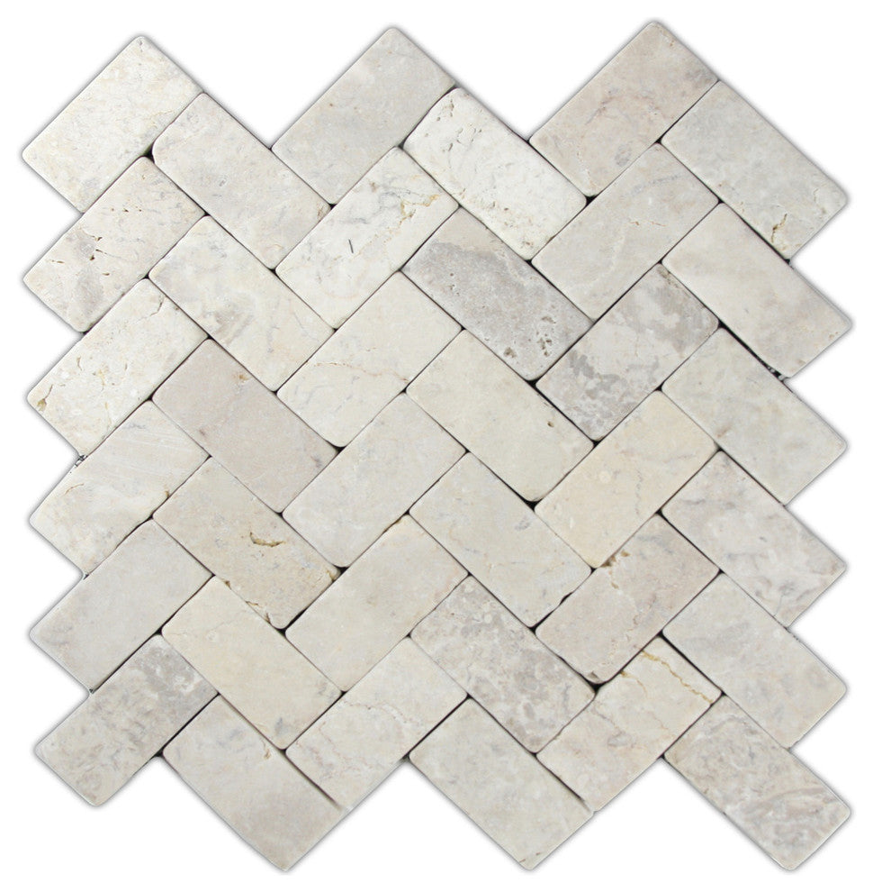 Cream herringbone stone mosaic tile "“ 12x12 sheet for floors