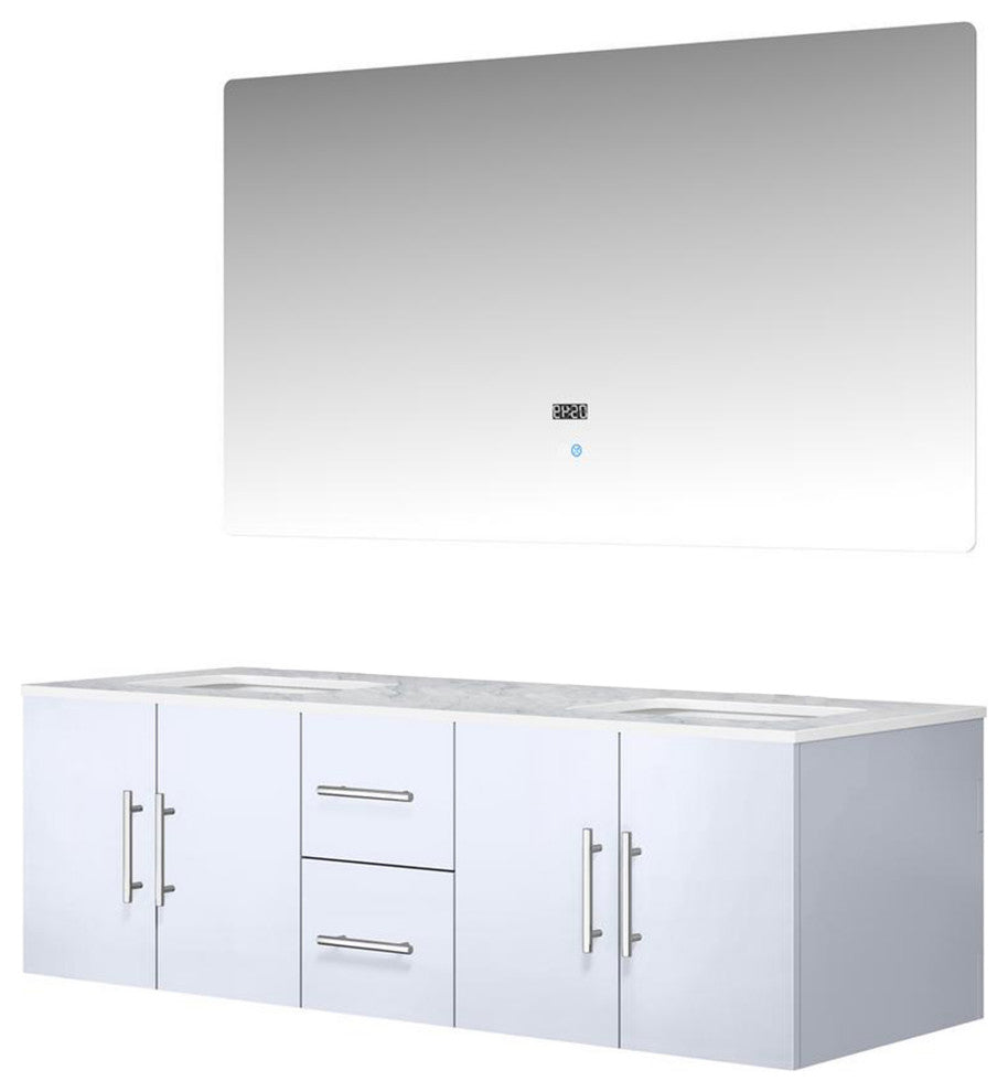 Geneva Transitional Glossy White 60" Double Vanity with 60" Led Mirror